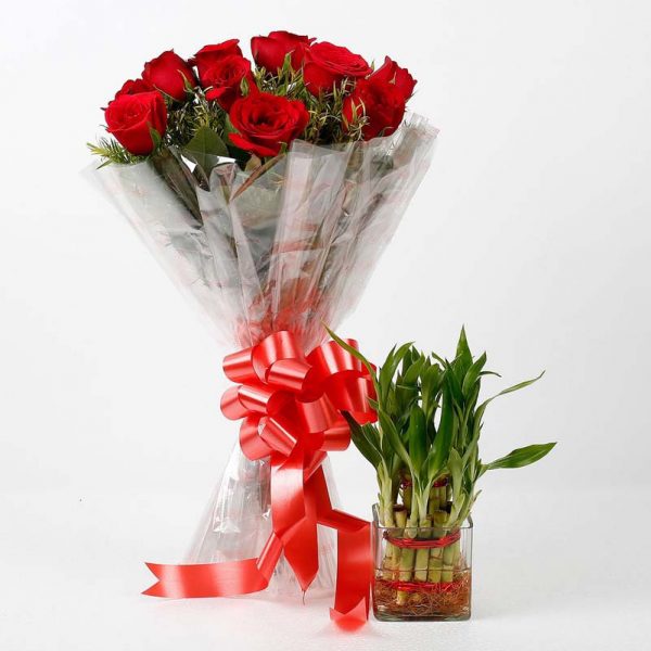 10 red roses wrapped in cellophane and tied with red ribbon, and bamboo plants in square glass vase