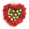 arrangement of 17 red roses with green leaves and 16 ferrero rocher chocolates in basket
