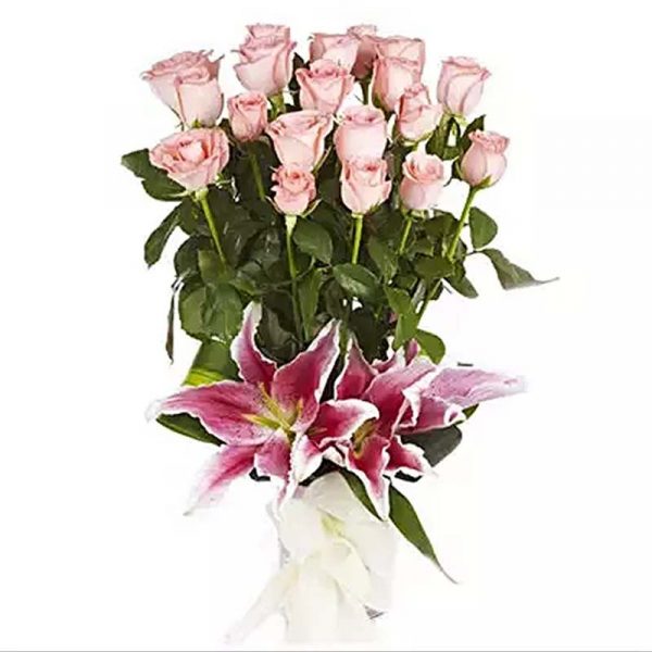 20 light pink long stem roses with 2 pink lilies wrapped with white paper