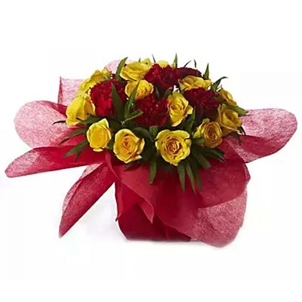 12 yellow roses and 6 red carnation with green leaves wrapped in red paper